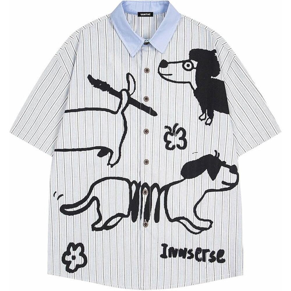 NEW Vamtac Men Weiner Dog Button Down Shirt L Striped Dachshund Graphic Y2K